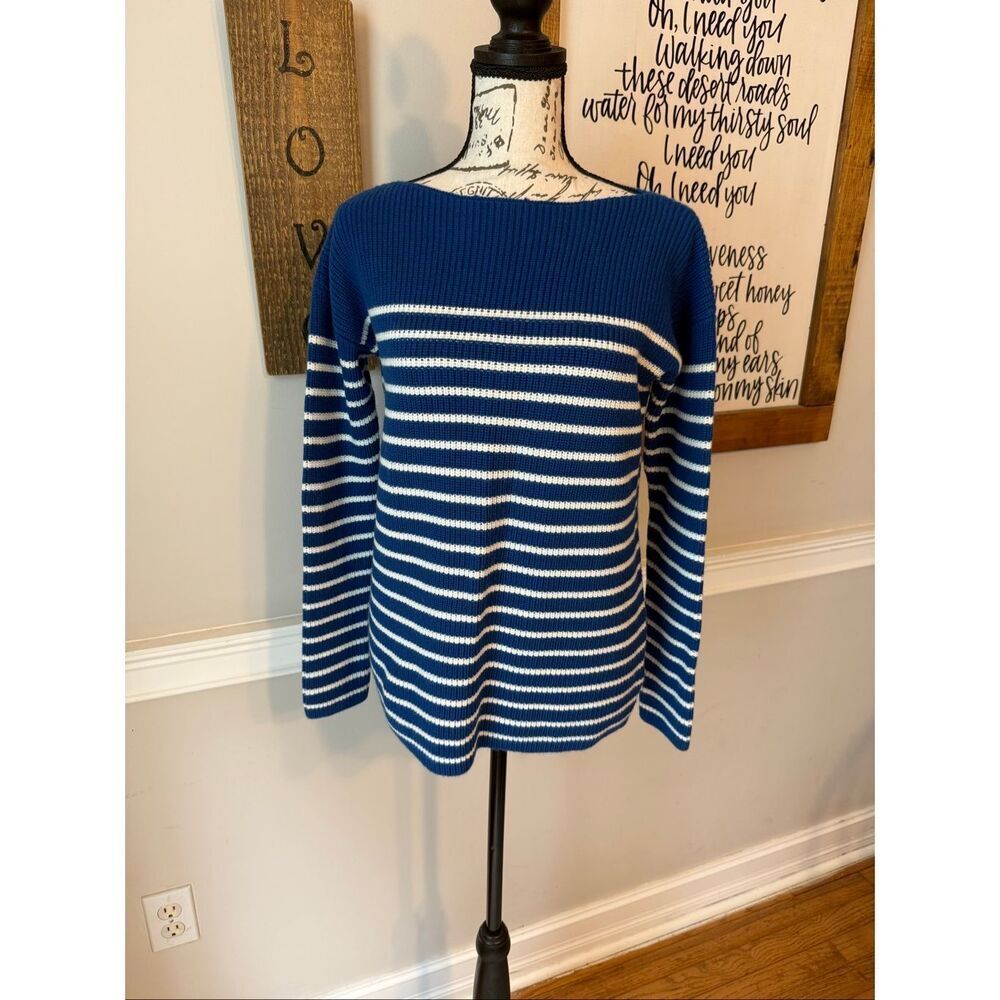 GAP Women's Stripe Ribbed Merino Wool Blend Pullover Sweater Blue White Small